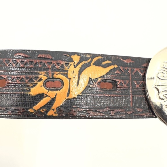 Nocona Western Rodeo Tooled Leather Belt Boys Size 24 Big Buckle Bull Rider - Picture 5 of 13